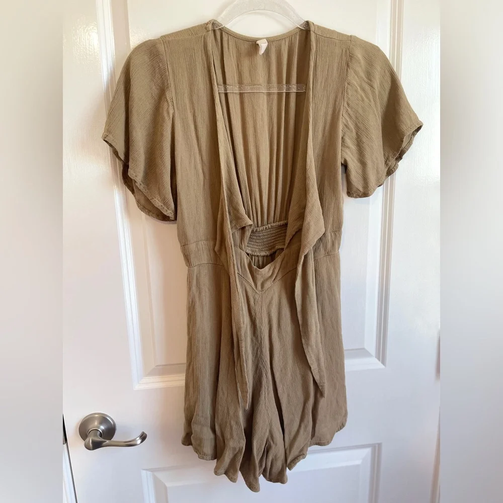 Khaki Tie Front Romper Boho Flutter Sleeve Festival Mini S - Picture 2 of 9
